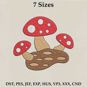 Puede incluir: Diseño bordado con tres setas rojas con lunares blancos y tallos beige, sobre una base marrón texturizada. El texto "7 Tamaños" está en la parte superior.