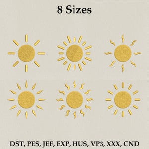 May include: Embroidered sun designs in various styles, with a textured gold appearance. The image displays six different sun patterns, each with a central circle and radiating lines or curves. The text "8 Sizes" is at the top, and file type abbreviations are at the bottom.