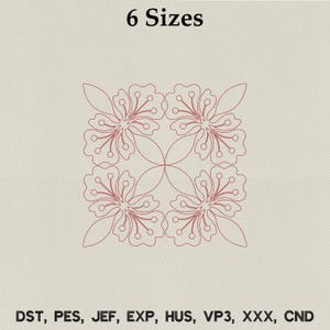 Peut inclure: Motif de broderie florale carré avec quatre fleurs stylisées rouge-brun. Le texte "6 Sizes" est en haut, et divers formats de fichiers sont listés en bas. Fond beige.
