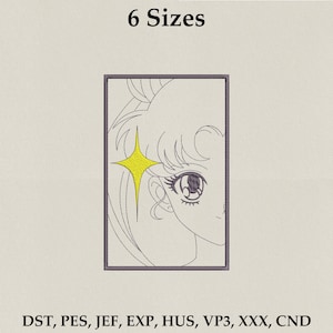 May include: An embroidered design featuring a stylized anime character's face, with a yellow star and detailed eye. The design is framed within a rectangle, with the text "6 Sizes" at the top. Below are embroidery file formats.