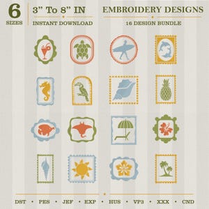 May include: A digital embroidery design bundle featuring 16 designs with a tropical theme. Designs include a cocktail, turtle, surfer, dolphins, seahorse, toucan, seashell, pineapple, fish, manta ray, beach umbrella, hibiscus, sun, and palm trees. Sizes range from 3 to 8 inches.