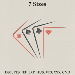 May include: An embroidered design featuring playing card suits: diamond, spade, club, and heart. The text "7 Sizes" is at the top. The bottom text lists embroidery file formats: DST, PES, JEF, EXP, HUS, VP3, XXX, CND.