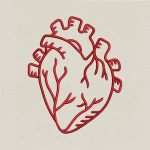 May include: A red embroidered anatomical heart design on a beige fabric. The heart's outline and veins are rendered in a detailed, stylized manner, showcasing a medical or scientific theme. The embroidery is neatly stitched.