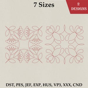 Pode incluir: Dois desenhos de bordado floral vermelhos sobre um fundo bege. Os desenhos são exibidos lado a lado, com o texto "7 Tamanhos" e "2 Designs" na parte superior. A parte inferior da imagem exibe formatos de arquivo de bordado.
