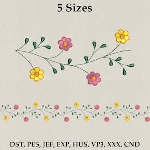 May include: An embroidered floral design with yellow and pink flowers and green leaves on a beige background. The text "5 Sizes" is at the top. The bottom of the image shows the file types: DST, PES, JEF, EXP, HUS, VP3, XXX, CND.