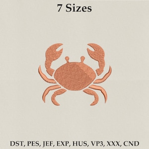 May include: Embroidered crab design in shades of orange and peach, with the text "7 Sizes" above. The crab has detailed claws and legs. Below the crab are the file formats: DST, PES, JEF, EXP, HUS, VP3, XXX, CND.
