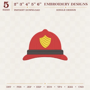 Puede incluir: Un diseño de bordado de casco de bombero rojo con un emblema de escudo amarillo en la parte delantera y una banda negra en la base. El texto dice 5 SIZES, 2" 3" 4" 5" 6", EMBROIDERY DESIGNS, INSTANT DOWNLOAD, SINGLE DESIGN, DST, PES, JEF, EXP, HUS, VP3, XXX, CND.