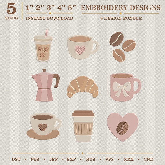 Coffee Aesthetic Mini Embroidery Bundle with Latte Cappuccino Espresso Croissant Moka Pot and Mug icons PES Embroidery Design Files
