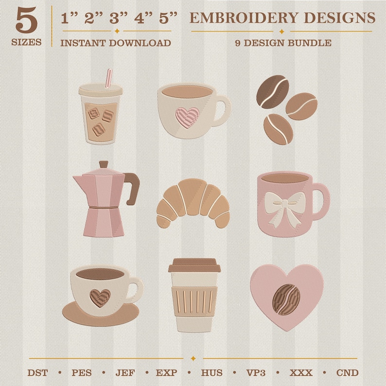 Puede incluir: Un paquete de dise&ntilde;os de bordado digital con im&aacute;genes tem&aacute;ticas de caf&eacute;. Incluye una taza de caf&eacute;, granos de caf&eacute;, un cruas&aacute;n y una taza de caf&eacute; para llevar. Los dise&ntilde;os est&aacute;n disponibles en 5 tama&ntilde;os, de 2,5 a 12,7 cm. Tambi&eacute;n se incluye el texto "EMBROIDERY DESIGNS" y "INSTANT DOWNLOAD".