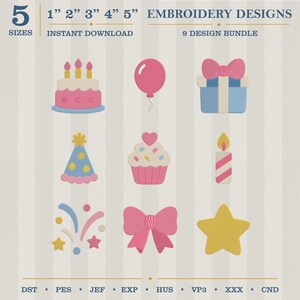 Puede incluir: Un paquete de diseños de bordado digital con nueve diseños festivos. Incluye una tarta de cumpleaños, un globo, un regalo, un gorro de fiesta, una magdalena, una vela, fuegos artificiales, un lazo y una estrella. Disponible en 5 tamaños.