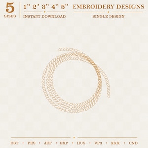 Puede incluir: Un diseño de bordado digital de una cuerda enrollada en contorno marrón dorado. El texto dice 5 SIZES, 1" 2" 3" 4" 5", EMBROIDERY DESIGNS, INSTANT DOWNLOAD, SINGLE DESIGN y los formatos de archivo DST, PES, JEF, EXP, HUS, VP3, XXX, CND.