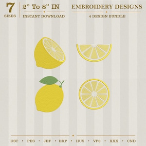 Puede incluir: Diseños de bordado de limones, incluyendo un limón entero, una mitad, una rodaja y un cuarto. Los diseños están disponibles en 7 tamaños, que van desde 5 cm hasta 20 cm. El texto dice 'Diseños de bordado' y 'Descarga instantánea'.
