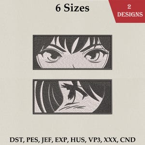 以下が含まれることがあります： アニメスタイルの目と顔のデザインが施された、2つの刺繍パッチ。パッチは長方形で、黒とグレーの配色です。上のパッチは目、下のパッチは顔です。画像には「6サイズ」と「2デザイン」の文字も含まれています。