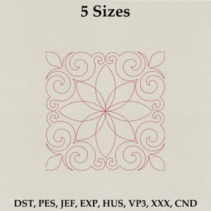 May include: A red floral embroidery design with a square border, featuring a central flower and swirling patterns. The text "5 Sizes" is at the top. Below the design are the file formats: DST, PES, JEF, EXP, HUS, VP3, XXX, CND.