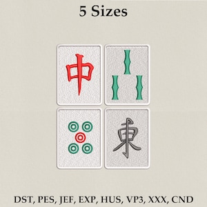 May include: Four embroidered Mahjong tile designs. The tiles feature red, green, and black symbols on a white background. The text "5 Sizes" is at the top. Below the tiles are embroidery file formats.