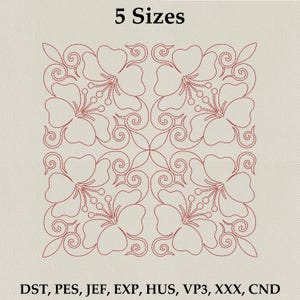 Pode incluir: Um desenho floral bordado em fio vermelho, com quatro flores estilizadas com detalhes em espiral, dispostas em um padrão quadrado. O texto "5 Tamanhos" está no topo, e os formatos de arquivo de bordado estão listados abaixo.
