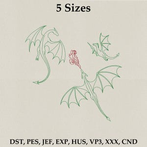 May include: An embroidered design featuring three green dragons in flight, with one breathing red fire. The text "5 Sizes" is at the top. Below the dragons are the file types: DST, PES, JEF, EXP, HUS, VP3, XXX, CND.
