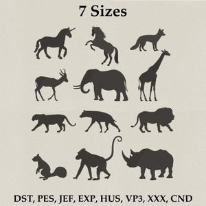 May include: A collection of black animal silhouettes, including a unicorn, horse, fox, deer, elephant, giraffe, panther, hyena, lion, squirrel, monkey, and rhinoceros. The text "7 Sizes" is at the top, and file format abbreviations are at the bottom.