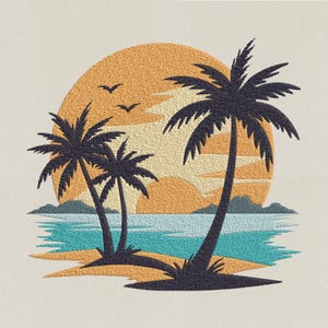 May include: Embroidered design featuring a tropical sunset scene. The image showcases two palm trees in silhouette against a large orange sun, with a turquoise ocean and sandy beach. Three birds fly in the sky, with a light beige background.