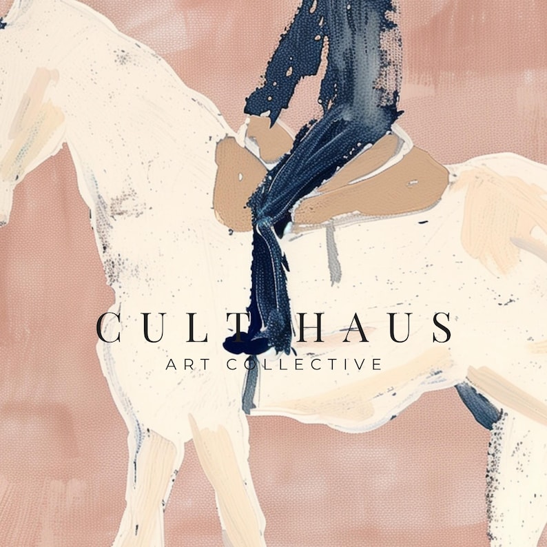 May include: Abstract equestrian art print featuring a white horse with a rider in navy blue and tan tones. The artwork has a textured, painterly style with the text "CULT HAUS ART COLLECTIVE" at the bottom.