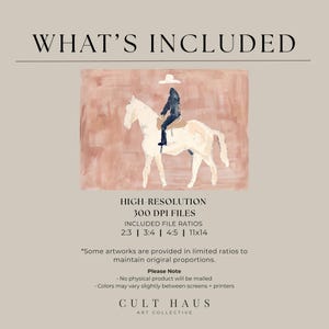 May include: An abstract art print featuring a rider on a white horse, set against a muted pink background. The rider is depicted in dark clothing and a white hat. The image includes the text "WHAT'S INCLUDED" and file ratio information.