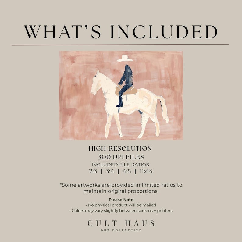 May include: An abstract art print featuring a rider on a white horse, set against a muted pink background. The rider is depicted in dark clothing and a white hat. The image includes the text "WHAT'S INCLUDED" and file ratio information.