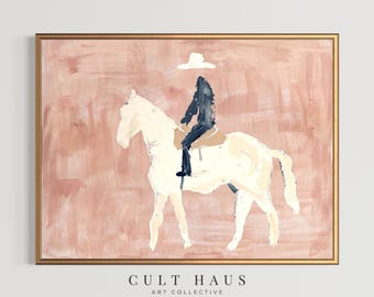 Cowboy Wall Art | Blush Horse Rider Print, Modern Western Digital Download