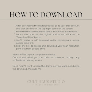 May include: A beige graphic with the text "HOW TO DOWNLOAD" at the top. Below, instructions detail how to download a digital product from Etsy, including accessing files from Google Drive. The Cult Haus Studio logo is at the bottom.