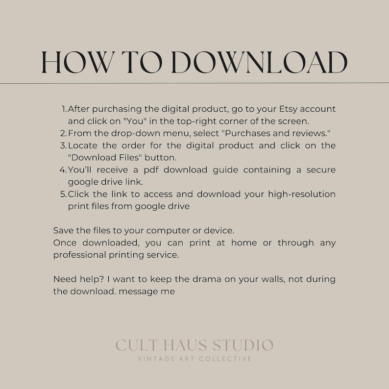 May include: A beige graphic with the text "HOW TO DOWNLOAD" at the top. Below, instructions detail how to download a digital product from Etsy, including accessing files from Google Drive. The Cult Haus Studio logo is at the bottom.