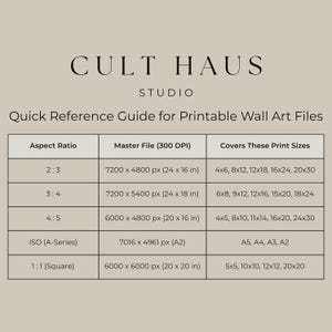 May include: A beige printable wall art guide from CULT HAUS STUDIO. The guide lists aspect ratios, master file sizes in pixels and inches, and print sizes. The guide includes ratios such as 2:3, 3:4, 4:5, ISO (A-Series), and 1:1 (Square).