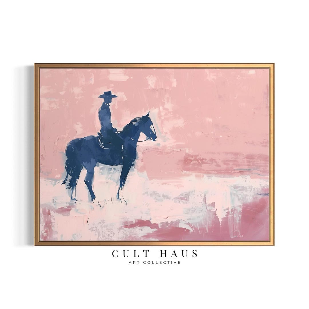 Pink Western Cowboy Wall Art | Minimalist Horse Painting (digital ...
