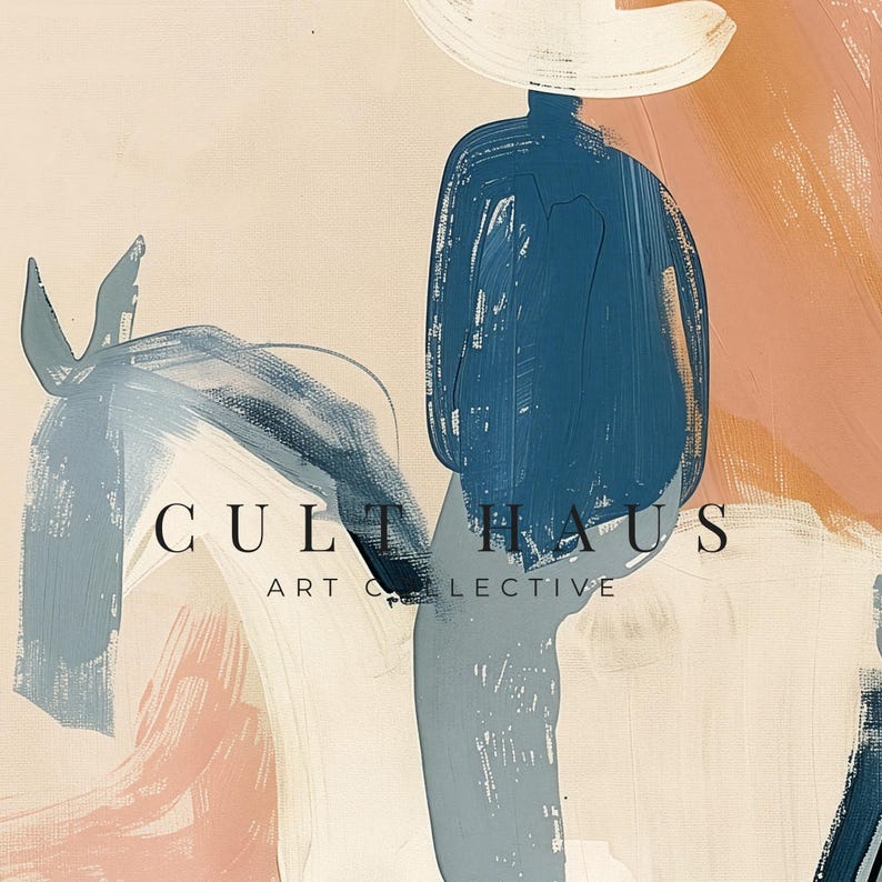 May include: Abstract art print with a neutral background and bold brushstrokes in shades of blue, white, and peach. The text "CULT HAUS ART COLLECTIVE" is visible in the lower center of the image.