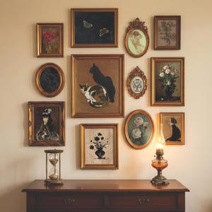 May include: A gallery wall featuring ten framed artworks in various sizes and shapes, including portraits, floral arrangements, and animal illustrations. Below the wall, a wooden console table holds a glass hourglass and a lit oil lamp.