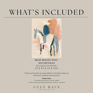 May include: Abstract art print featuring a cowboy on horseback in shades of blue, white, and peach. The artwork includes the text "WHAT'S INCLUDED" and file ratio information. The image is labeled "CULT HAUS ART COLLECTIVE."
