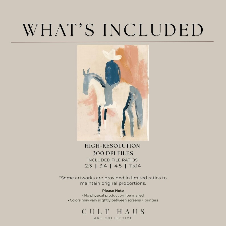 May include: Abstract art print featuring a cowboy on horseback in shades of blue, white, and peach. The artwork includes the text "WHAT'S INCLUDED" and file ratio information. The image is labeled "CULT HAUS ART COLLECTIVE."