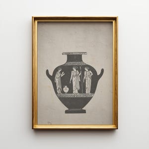 May include: Framed print featuring a black and white illustration of an ancient Greek vase. The vase depicts figures in classical attire, with intricate patterns and details. The print is set against a neutral background and framed in gold.