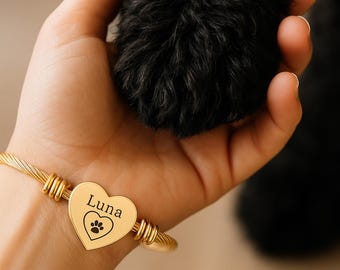 Personalized Engraved Paw Heart Cuff Bracelet |Pet Memorial