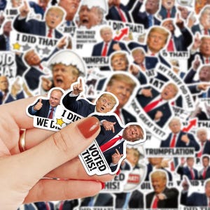 May include: A collection of stickers featuring images of a politician with various phrases. Some stickers include text like "I DID THAT!" and "VOTED THIS!" The stickers are colorful and have a glossy finish.