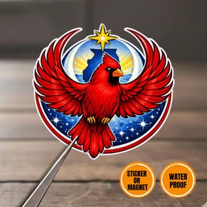 May include: A vibrant sticker or magnet featuring a red cardinal with outstretched wings. The design includes a blue and white background with a star and a state outline. The sticker is labeled as waterproof.