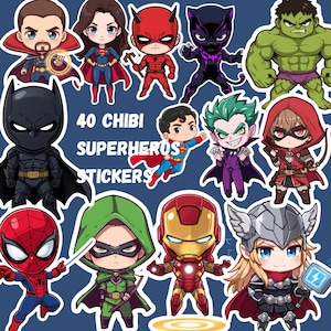 May include: A sheet of 40 chibi superhero stickers. The stickers feature various superheroes and villains in a cartoon style, including Batman, Superman, and the Joker. The stickers are on a blue background.