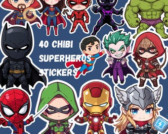 40 Chibi-superhjälteklistermärken PNG | Söta hjältar och skurkar-klistermärkespaket | Utskrivbara klistermärken | Seriefigursklistermärken | Digital nedladdning