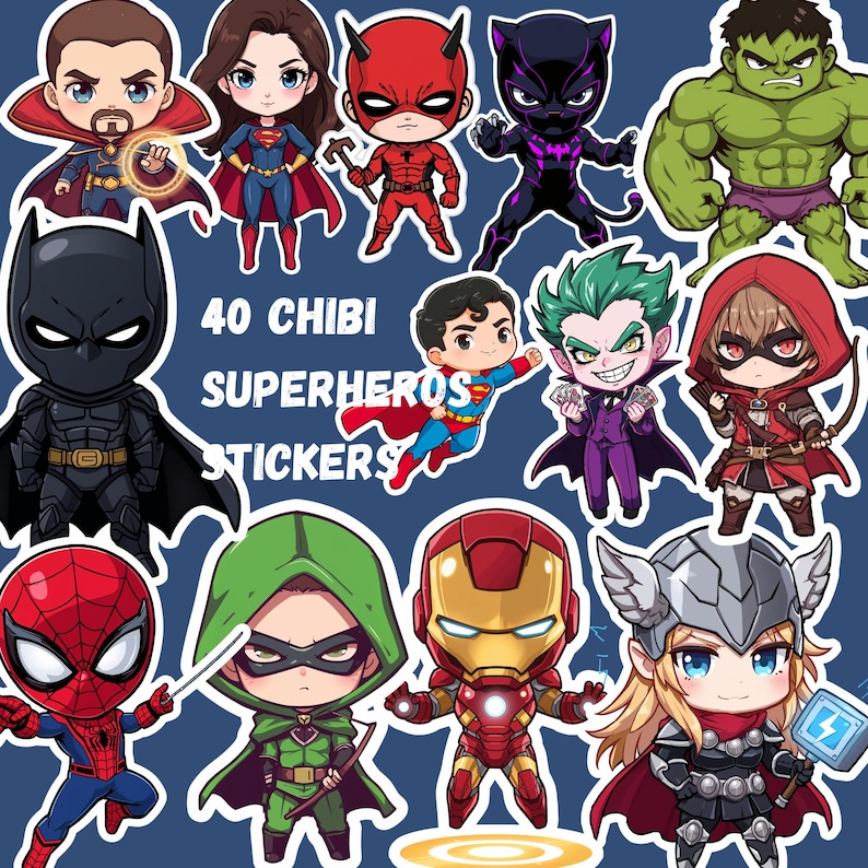 May include: A sheet of 40 chibi superhero stickers. The stickers feature various superheroes and villains in a cartoon style, including Batman, Superman, and the Joker. The stickers are on a blue background.