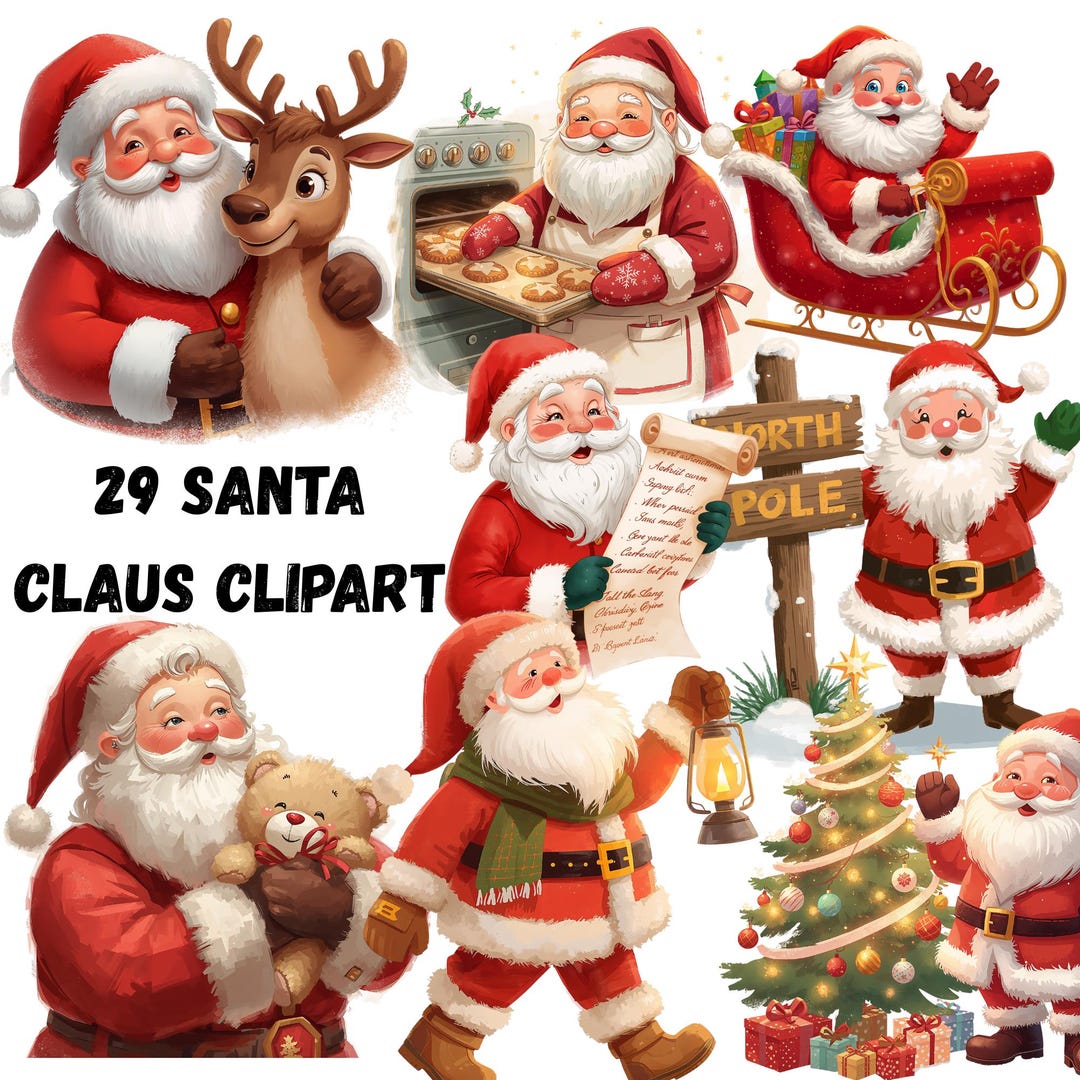 29 Santa Claus Clipart PNG Bundle | Cute Christmas Santa Pngs | Xmas ...