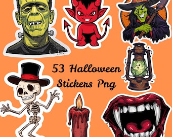 53 Halloween Stickers PNG Bundle | Digital Printable Stickers | Halloween Stickers Bundle | Spooky Season PNG | Fall Decor