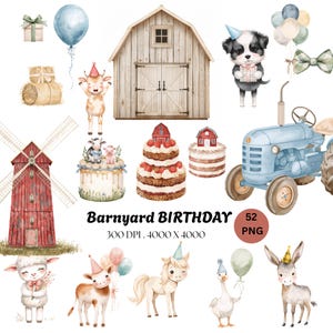 Farm Animals Birthday Clipart Bundle | Watercolor Barnyard Party PNG Elements (Digital Download)