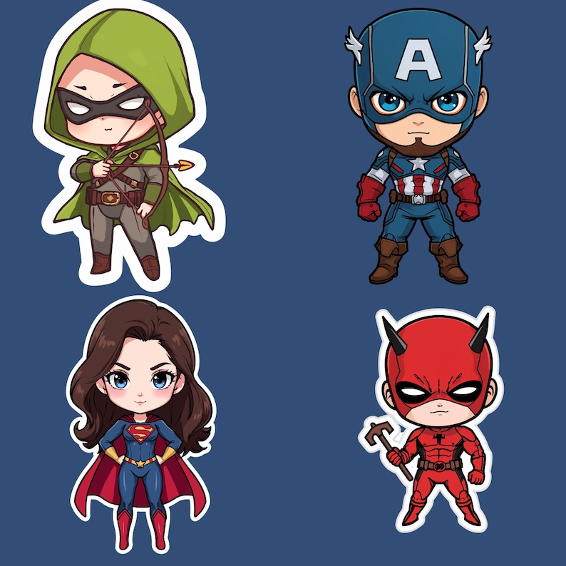 May include: Four cartoon stickers of superheroes on a blue background. The stickers feature Green Arrow with a bow and arrow, Captain America with a blue helmet, Supergirl with a red cape, and Daredevil holding a hammer.