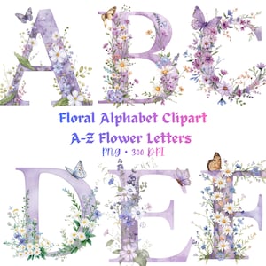Può includere: Clipart di alfabeto floreale ad acquerello con le lettere dalla A alla F. Ogni lettera è di un delicato colore lavanda e adornata con una varietà di fiori, farfalle e verde. È visibile anche il testo "Floral Alphabet Clipart" e "A-Z Flower Letters".