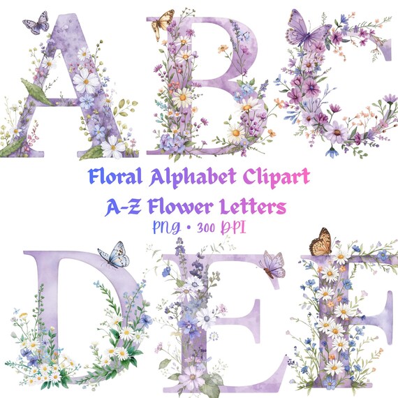 Floral Alphabet Clipart PNG, Watercolor Flower Letters, Botanical Monogram Alphabet, Wildflower Letter Clipart, Whimsical Floral Initials