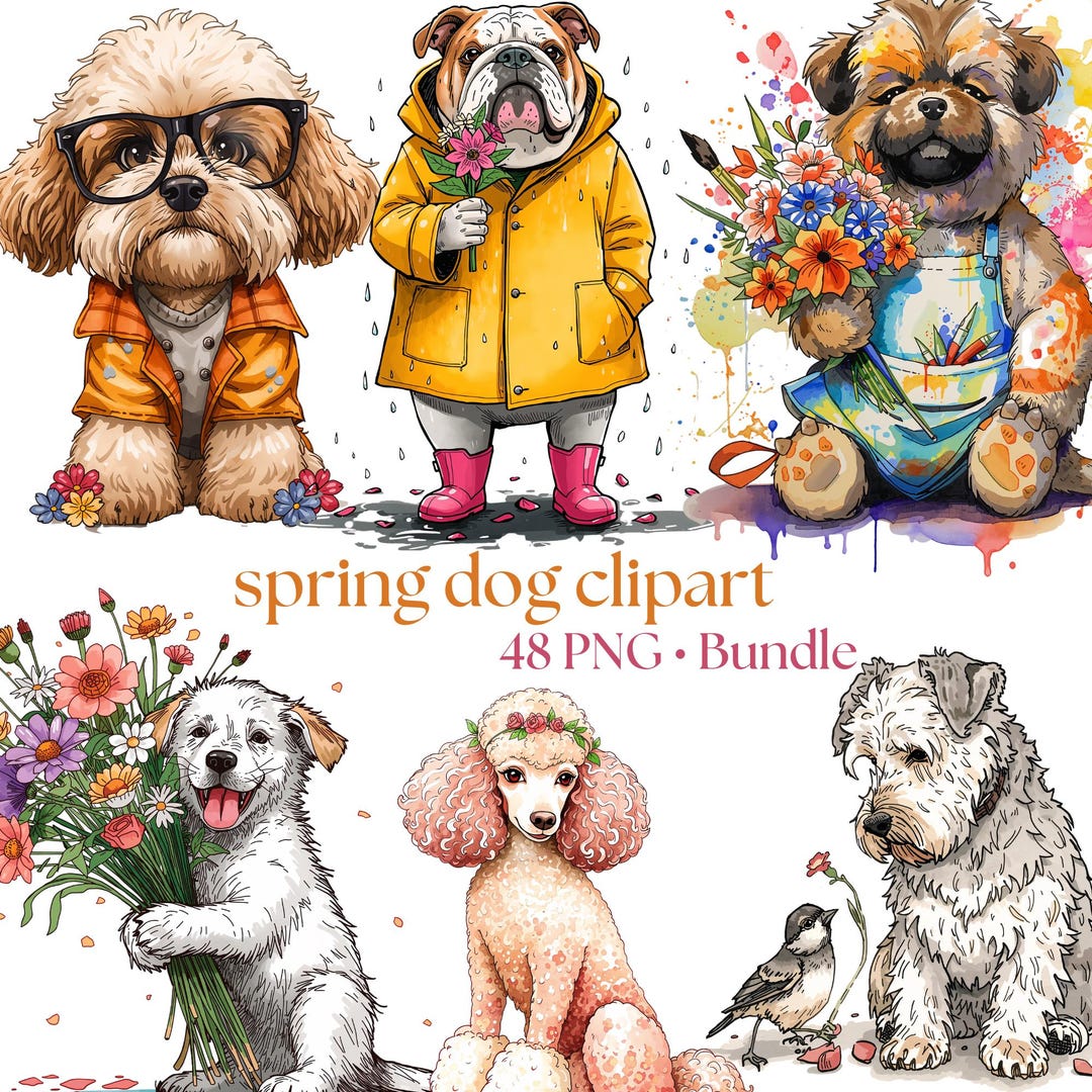Spring Dog Clipart Bundle, Cute Puppy PNG, Watercolor Dog Clipart ...