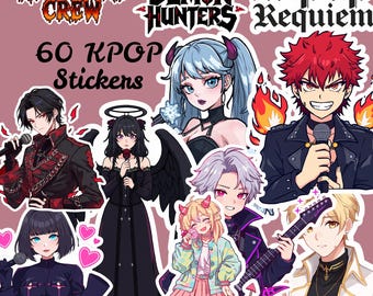 May include: A collection of 60 K-Pop stickers featuring anime-style illustrations. The stickers showcase various characters with diverse hairstyles and outfits, some holding microphones or musical instruments. Text includes "Nightfire Crew," "Demon Hunters," and "K-Pop Requiem."